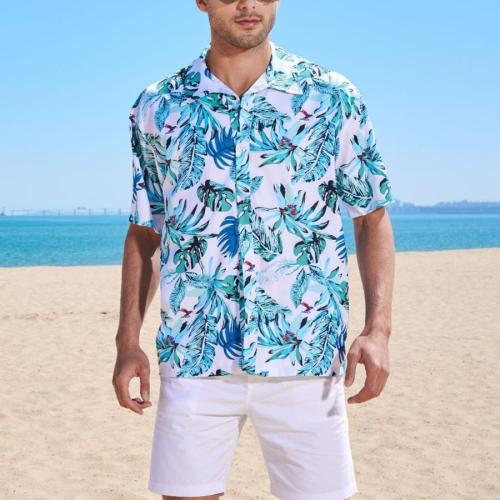 Beach style plus size non-stretch button leaf print short sleeve shirt