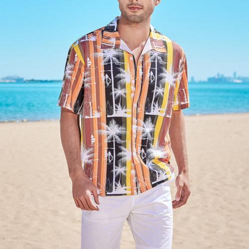 Beach style plus size non-stretch button coconut tree print short sleeve shirt