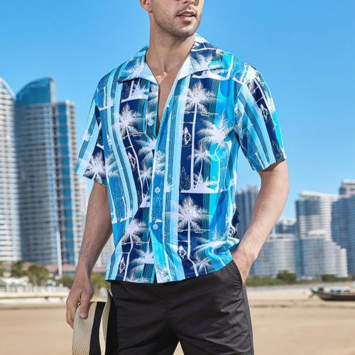 Beach style plus size non-stretch button coconut tree print short sleeve shirt#1