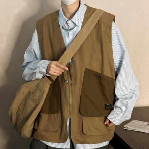 Stylish plus size non-stretch pocket zip-up loose v neck vest size run small