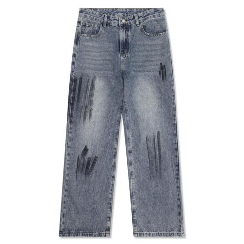 High street plus size non-stretch printing loose straight jeans size run small