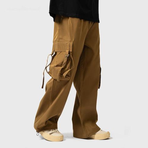 High street non-stretch solid color pocket wide-leg cargo pants
