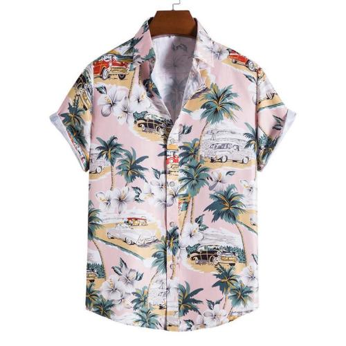 Beach non-stretch coconut tree flower print single breasted short sleeve shirt