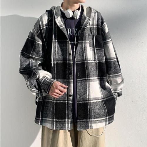 Casual plus size non-stretch plaid print hooded loose jacket size run small