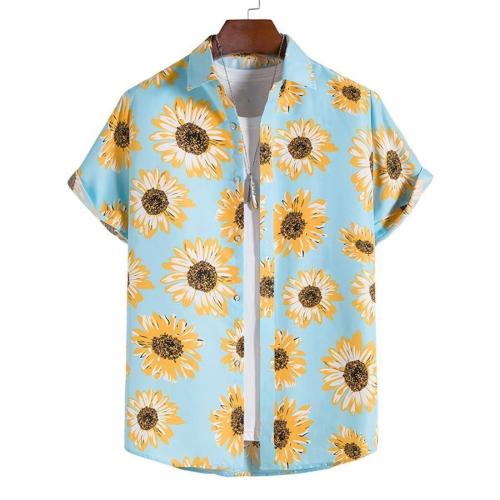 Stylish non-stretch single-breasted sunflower printing short-sleeved shirt