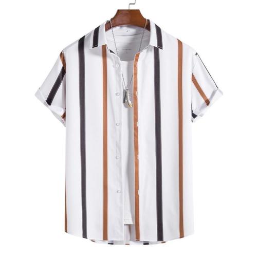 Stylish non-stretch single-breasted stripe printing short-sleeved shirt
