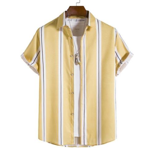 Stylish non-stretch single-breasted stripe printing short-sleeved shirt#1