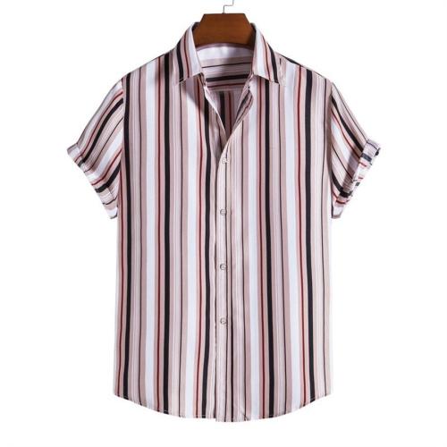 Casual plus size non-stretch stripe printing button short sleeve shirt