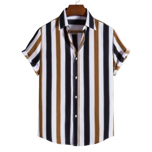 Casual plus size non-stretch stripe printing button short sleeve shirt#1