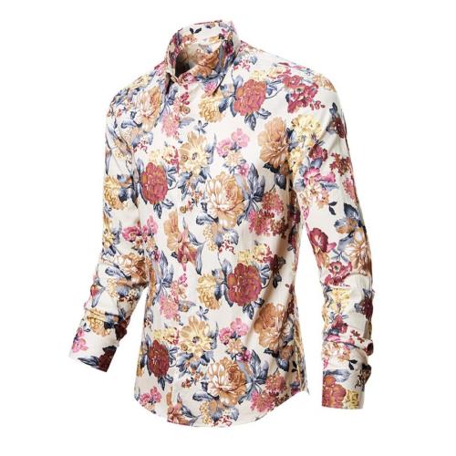 Stylish plus size non-stretch flower print single breasted long sleeve shirt#1