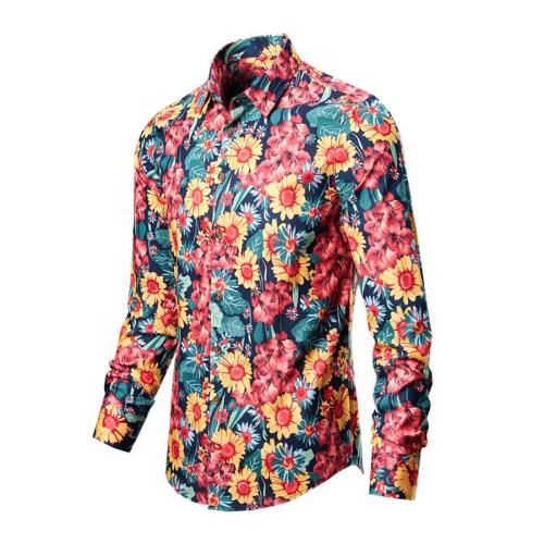 Stylish plus size non-stretch flower print single breasted long sleeve shirt#3