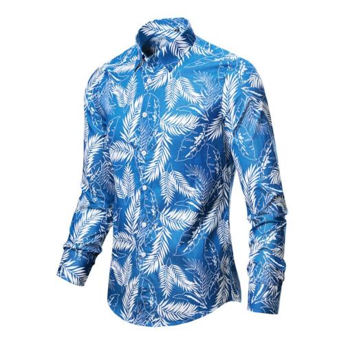 Stylish plus size non-stretch feather print single breasted long sleeve shirt