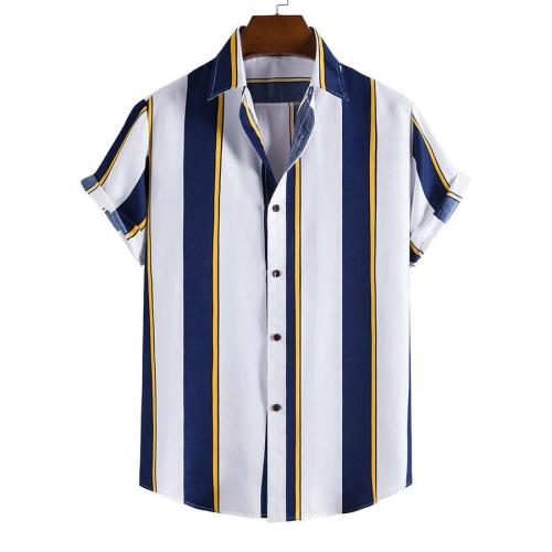 Stylish non-stretch button stripe print 8-colors short-sleeved shirt