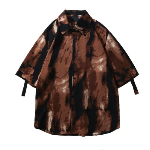 Casual plus size non-stretch tie-dye printed button loose short sleeve shirt#1