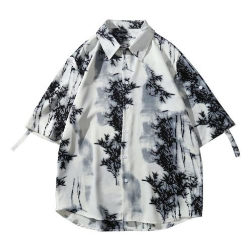 Casual plus size non-stretch printing button loose short sleeve shirt