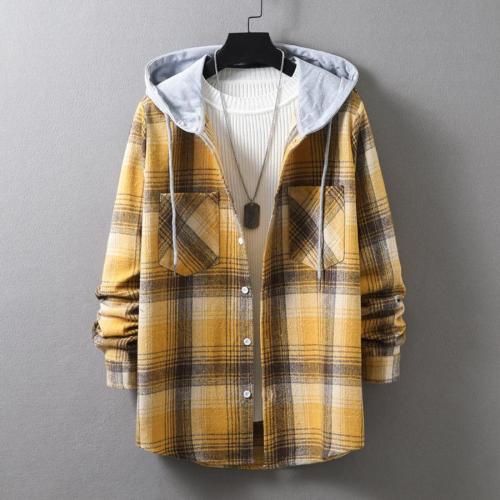 Casual plus size non-stretch plaid print button pocket hooded jacket