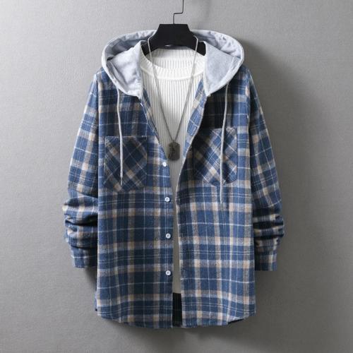 Casual plus size non-stretch plaid print button pocket patchwork hooded jacket