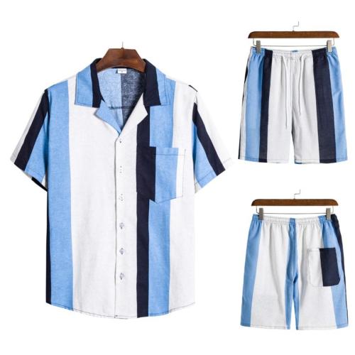 Stylish plus size non-stretch stripe print button pocket shorts sets#2