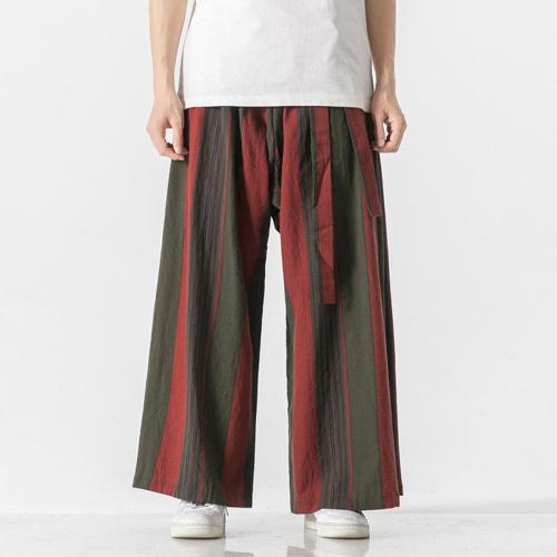 Stylish plus size non-stretch striped print linen wide-leg pants size run small