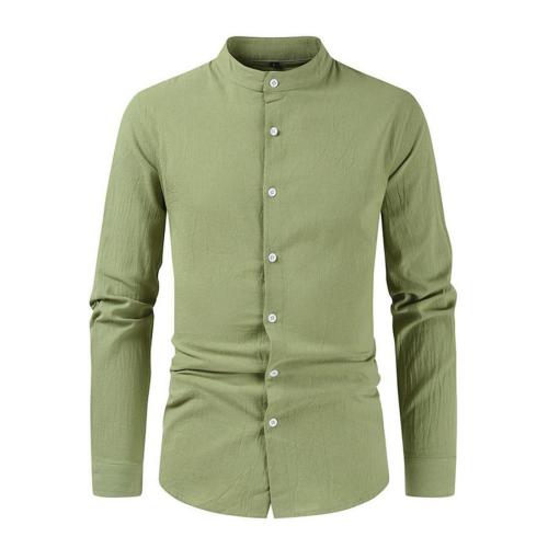 Casual plus size non-stretch solid color single breasted linen long sleeve shirt