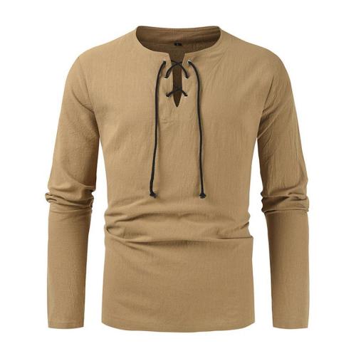 Casual plus size non-stretch solid color lace-up linen long sleeve t-shirt