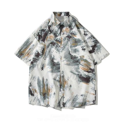 Stylish plus size non-stretch graffiti print loose button shirt size run small