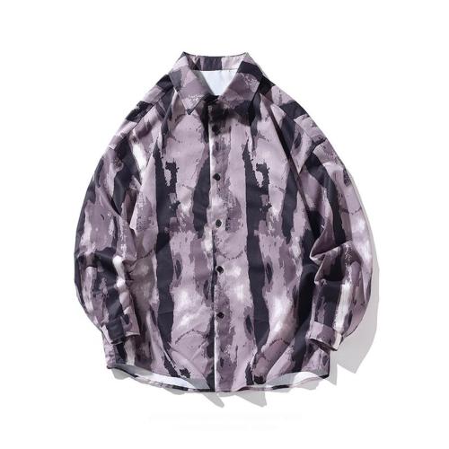 Stylish plus size non-stretch tie-dye print button loose shirt size run small