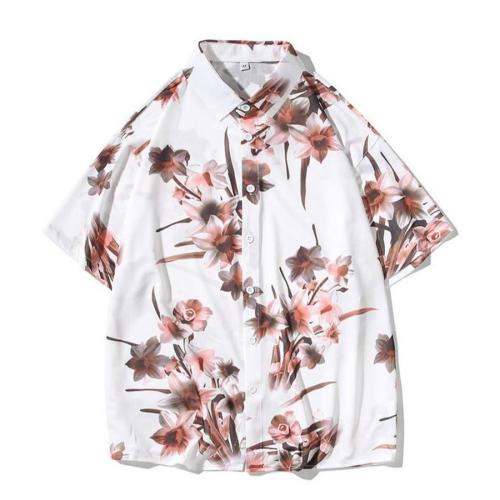 Stylish plus size non-stretch flower batch printing loose shirt size run small