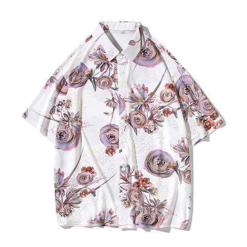 Stylish plus size non-stretch flower batch printing loose shirt size run small#3