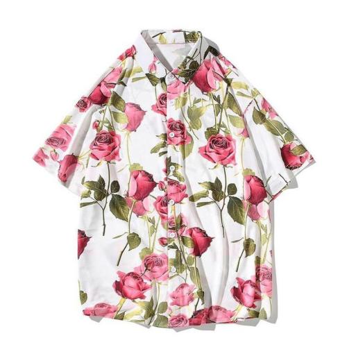 Stylish plus size non-stretch flower batch printing loose shirt size run small#4