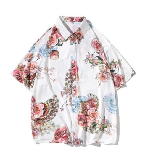 Stylish plus size non-stretch flower batch printing loose shirt size run small#5