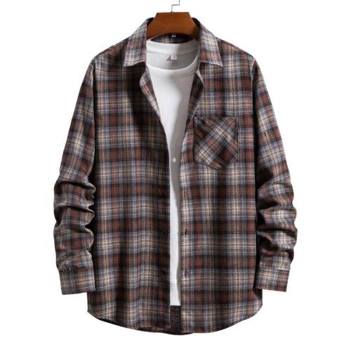 Casual non-stretch button pocket plaid print long-sleeve shirt size run small#6