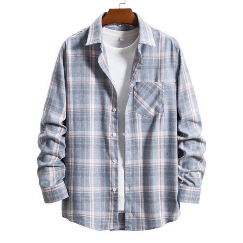 Casual non-stretch button pocket plaid print long-sleeve shirt size run small#18