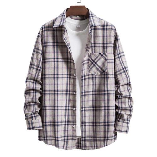 Casual non-stretch button pocket plaid print long-sleeve shirt size run small#22