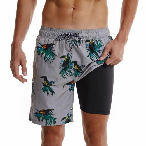 Stylish bird batch printing pocket beach shorts(with lined)
