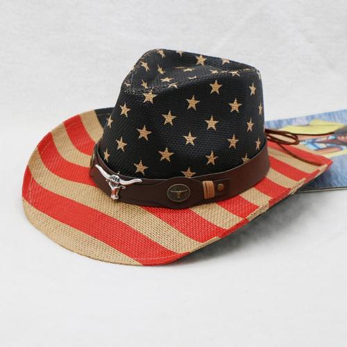 One pc flag printed cow head belt decor straw western cowboy hat 58-60cm