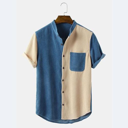 Stylish plus size non-stretch contrast color corduroy short sleeve shirt