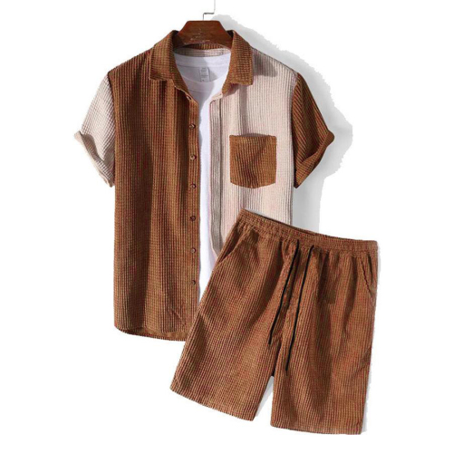 Casual plus size non-stretch contrast color corduroy shorts sets