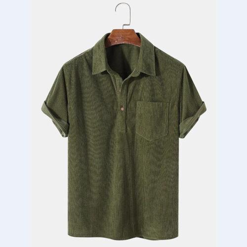 Casual plus size non-stretch solid color corduroy short sleeve shirt