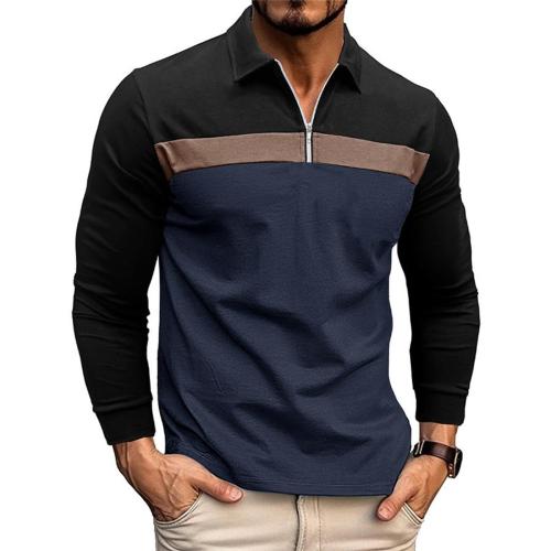 Casual plus size slight stretch contrast color zip-up long sleeve polo shirt