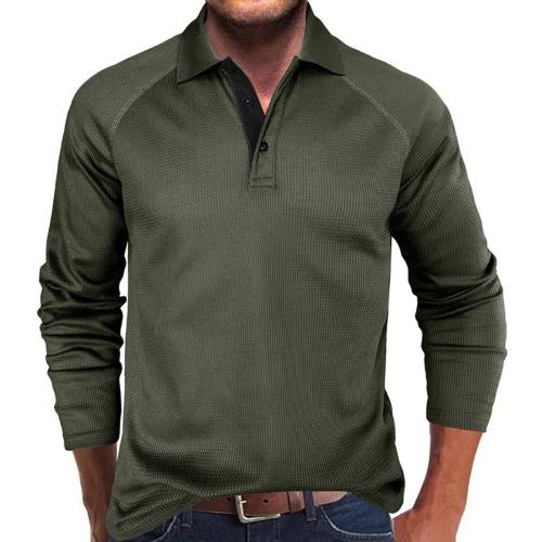 Casual plus size slight stretch solid color waffle long sleeve polo shirt