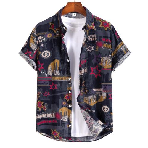 Casual plus size non-stretch leaf print single breasted short sleeve shirt
