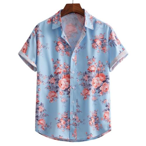 Casual plus size non-stretch flowers print single breasted short sleeve shirt