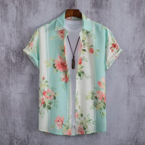 Casual plus size non-stretch stripe flowers print short sleeve shirt