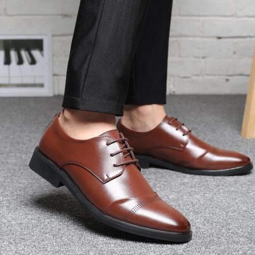 Elegant solid color pu lace-up breathable point toe dress shoes