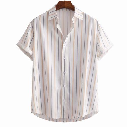 Casual plus size non-stretch striped print single-breasted short sleeve shirt