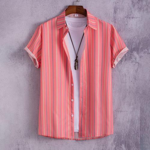 Casual plus size non-stretch striped print single-breasted short sleeve shirt#1