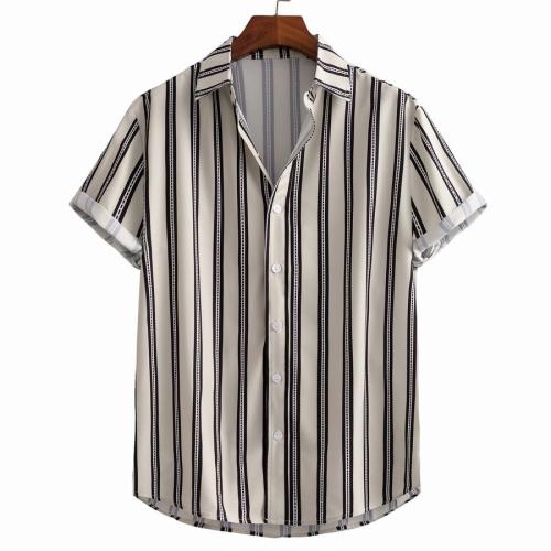 Casual plus size non-stretch striped print single-breasted short sleeve shirt#2