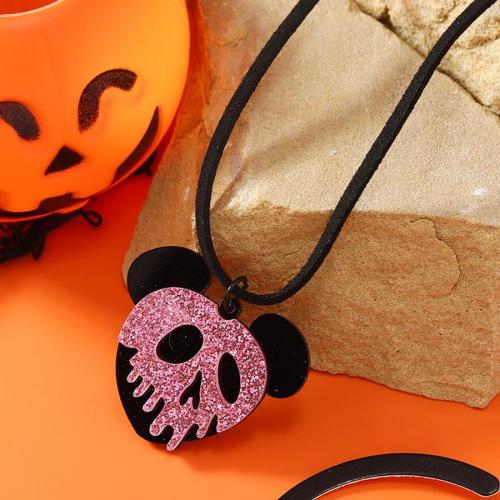 Halloween acrylic sparkling black cat ghost doll skeleton necklace(length:46+4 cm)