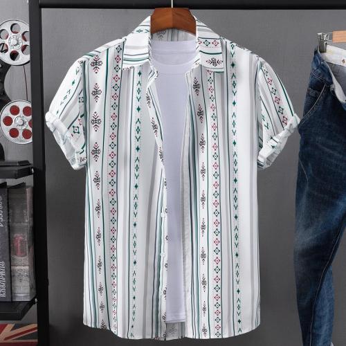 Casual plus size non-stretch striped printing button short-sleeved shirt